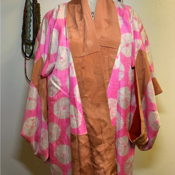 Antique silk kimono handmade tie-dyed pink white orange outside red gold inside